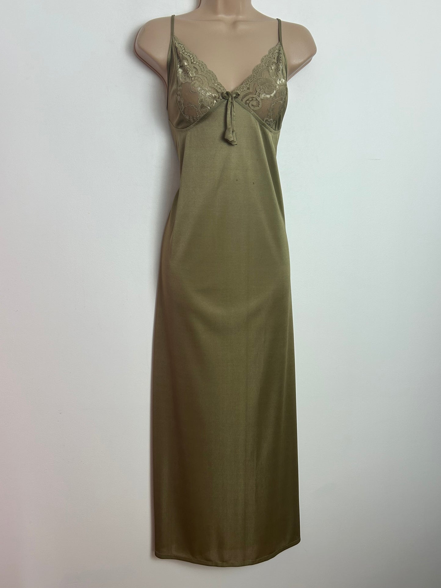Vintage 1980s Size 10 Olive Brown Lace Trim Strappy Full Length Nightie Negligee Slip
