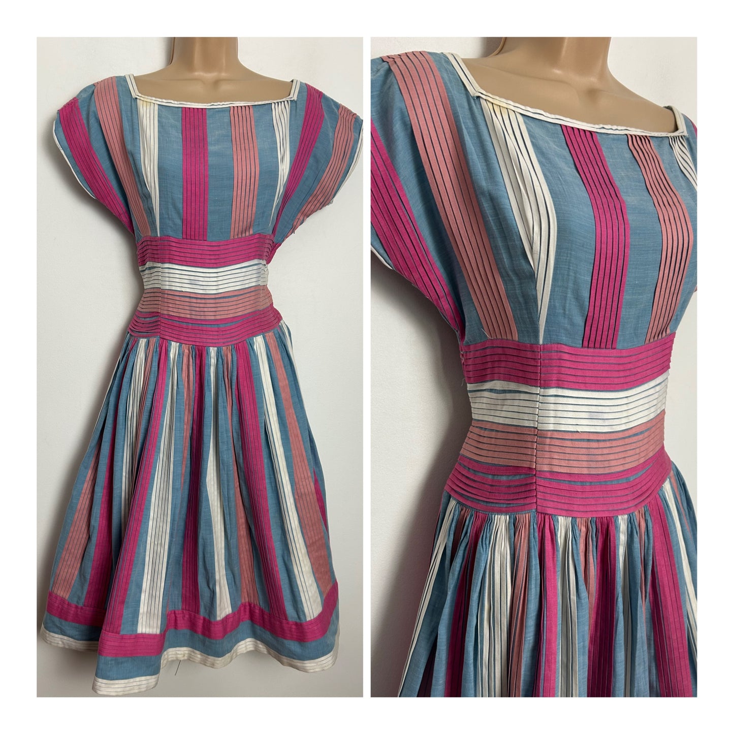 Vintage 1950s ALICE EDWARDS Size 10 Pink Blue & White Cotton Pleated Summer Prom Dress