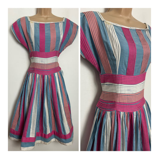 Vintage 1950s ALICE EDWARDS Size 10 Pink Blue & White Cotton Pleated Summer Prom Dress