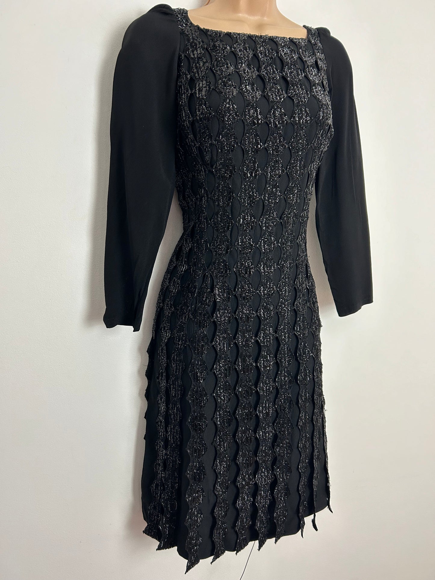 Vintage 1960s UK Size 6-8 Black Chiffon Crepe Cut Out Outer Shell Detail Occasion Cocktail Shift Dress