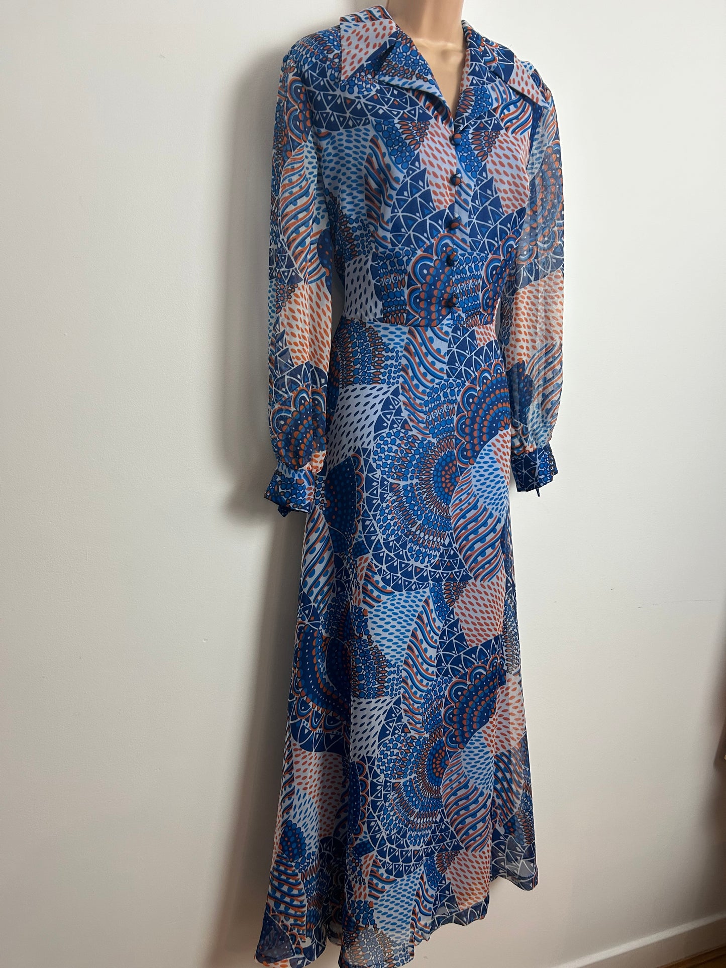 Vintage 1970s 14 Blue & Orange Abstract Print Dagger Collar Long Sleeve Chiffon Maxi Dress