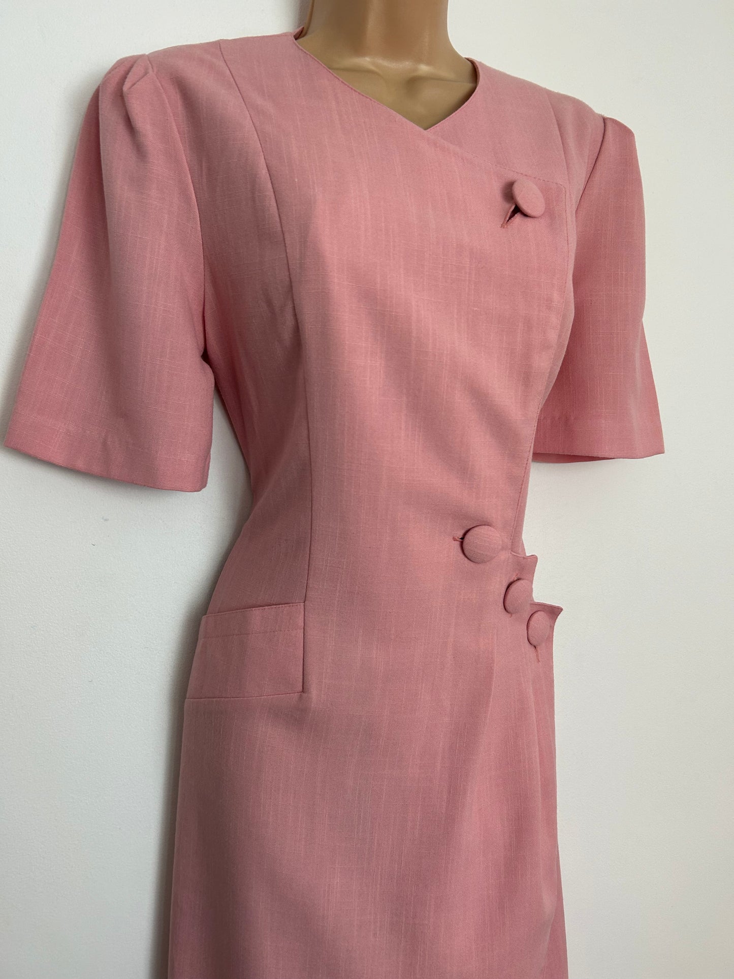 Vintage 1980s SHUBETTE UK Size 10 Pink Short Sleeve Straight Fitting Wrap Dress