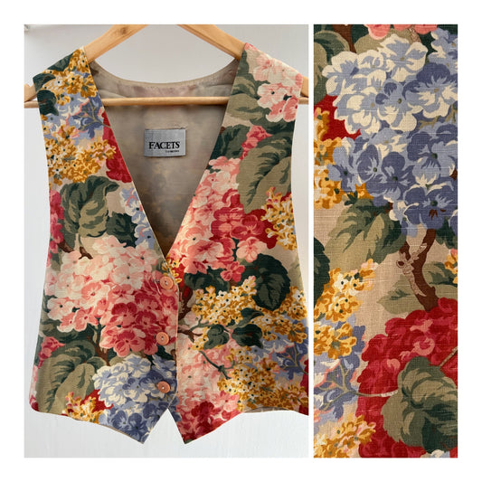Vintage 1980s FACETS BY MIRRORS UK Size 10-12 (USA MED) Floral Tapestry Cotton & Flax Mix Waistcoat