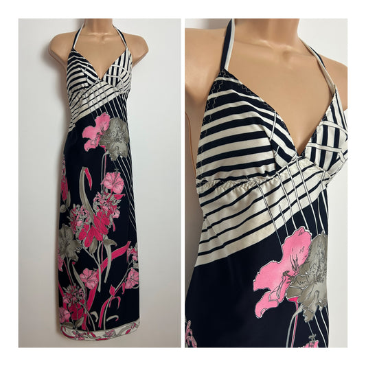 Vintage 1970s Size 8 Black Pink Grey & White Floral & Stripe Print Halterneck Summer Maxi Dress