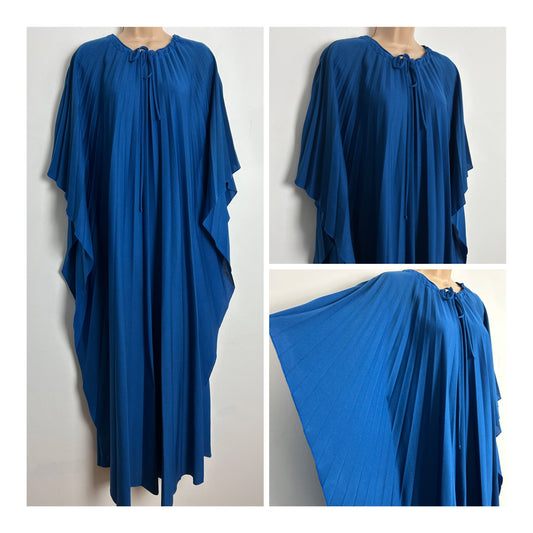 Vintage 1970s ST MICHAEL UK 10-12 Dark Blue Accordion Pleated Tie Neck Maxi Length Kaftan