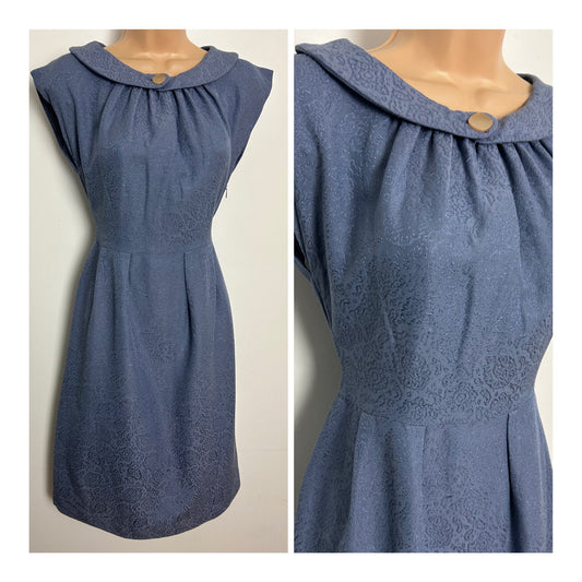 Vintage 1950s Size 8 Dusky Blue Jacquard Wiggle Dress