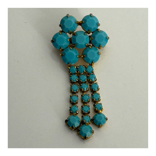 Vintage 1960s Blue Turquoise Glass Stone Flower Brooch