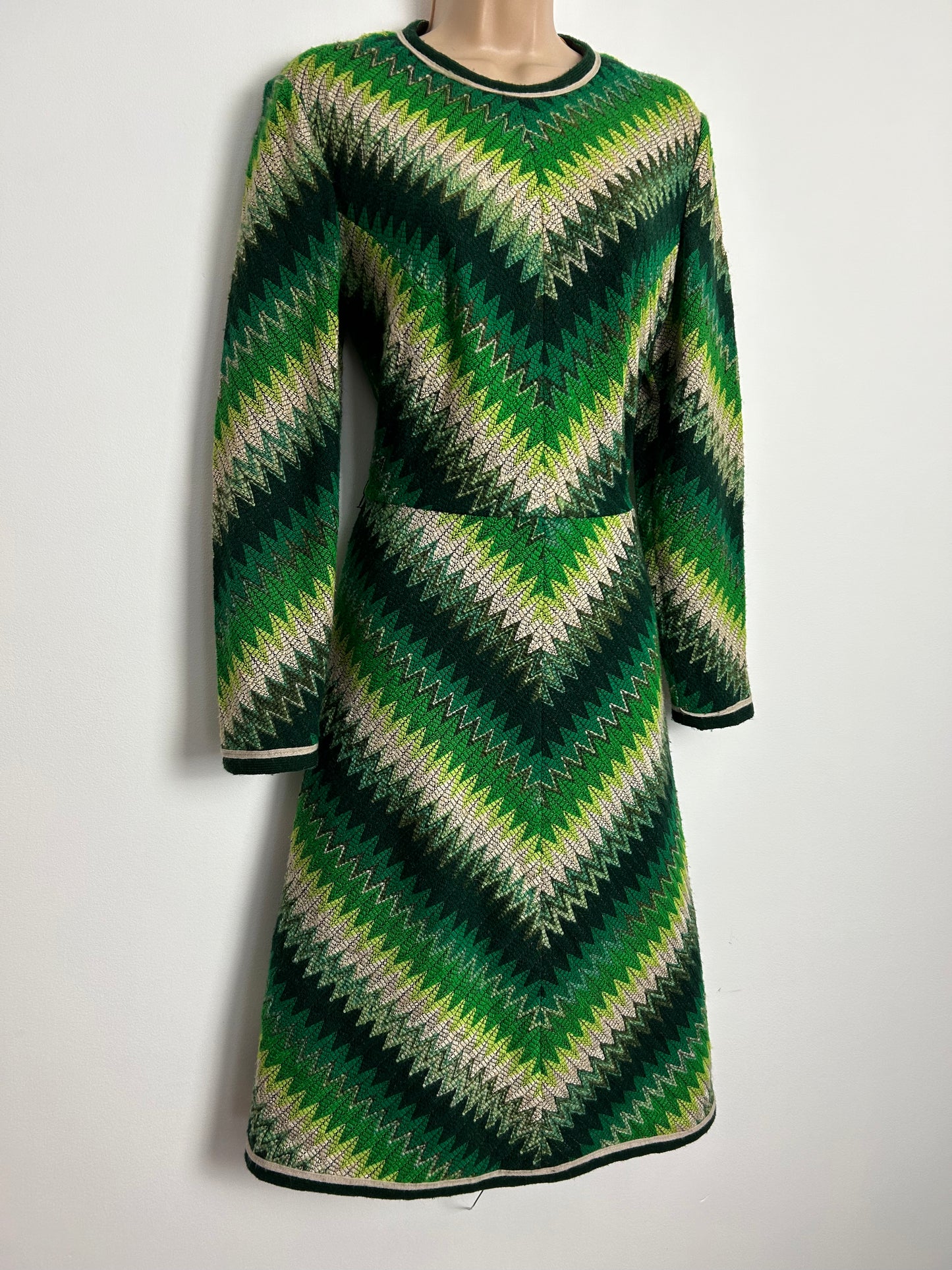 Vintage 1960s BERKERTEX UK Size 12 Incredible Green Tones Zig Zag Pattern Woven Wool Mod Dress