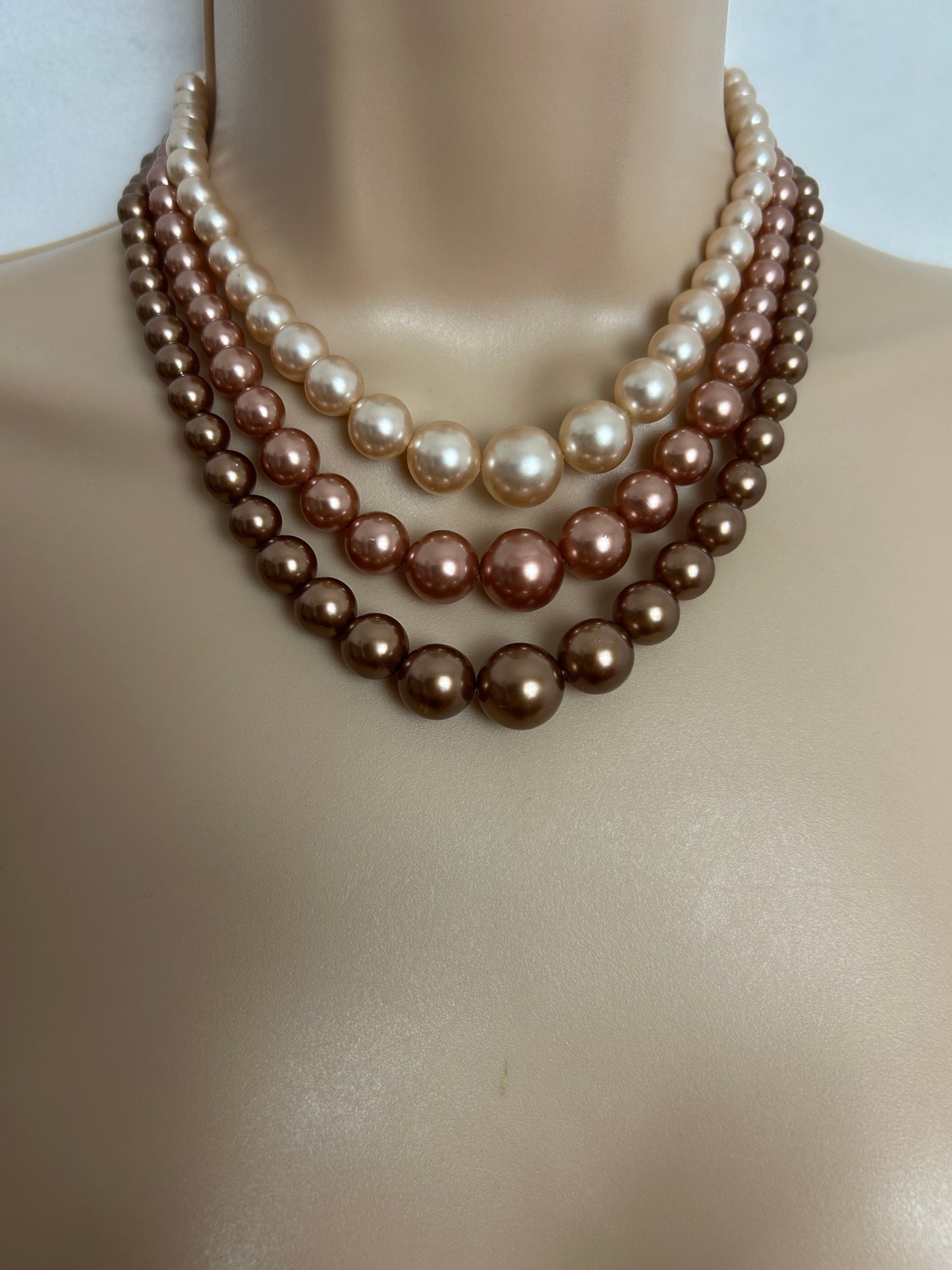 Vintage Bronze & Rose Gold Plastic Faux Pearl Graduated Bead Triple Strand Necklace