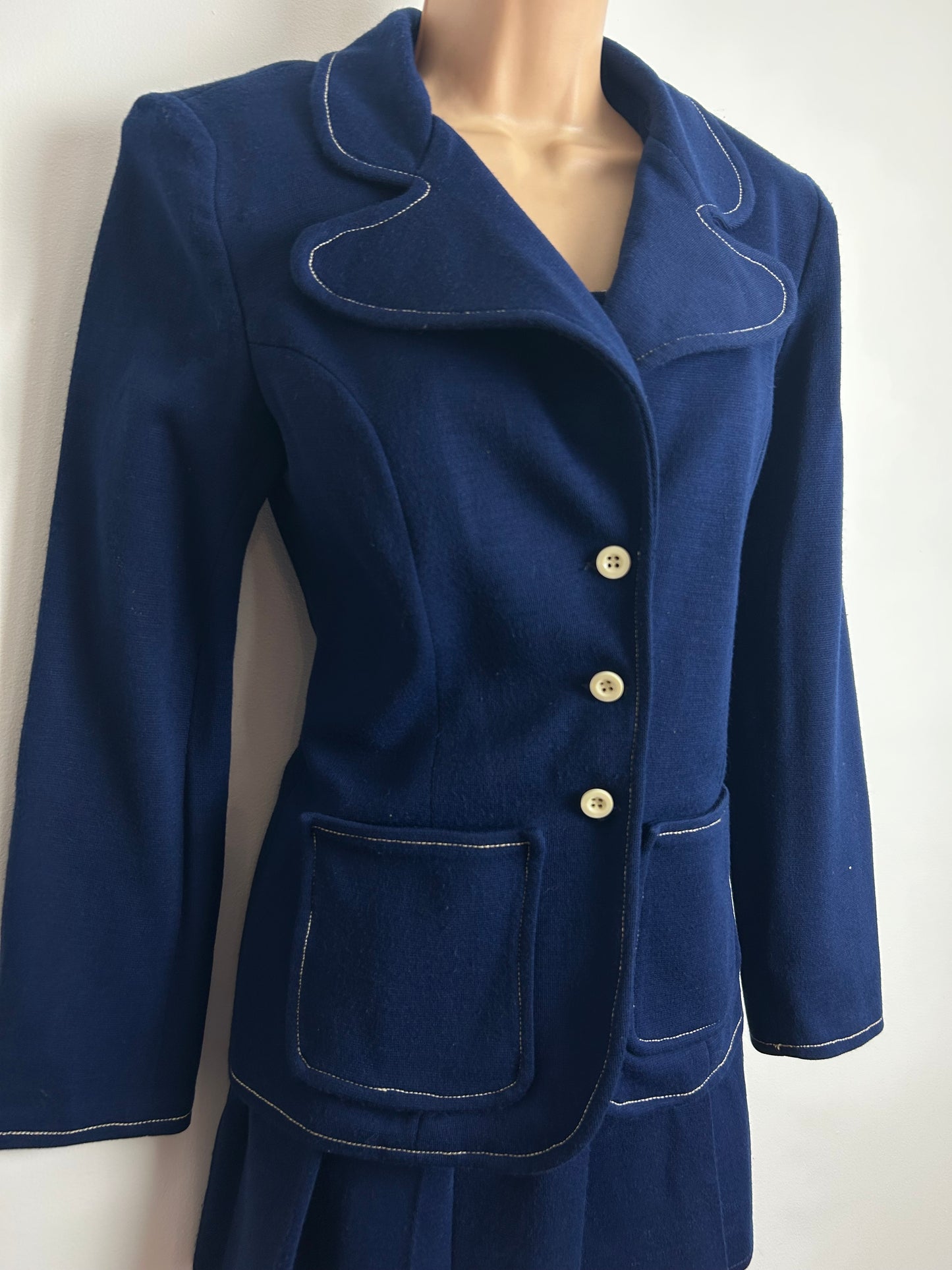 Vintage 1960s Size 8 Navy Blue Polka Dot Pleated Mini Mod Suit: Dress & Matching Jacket