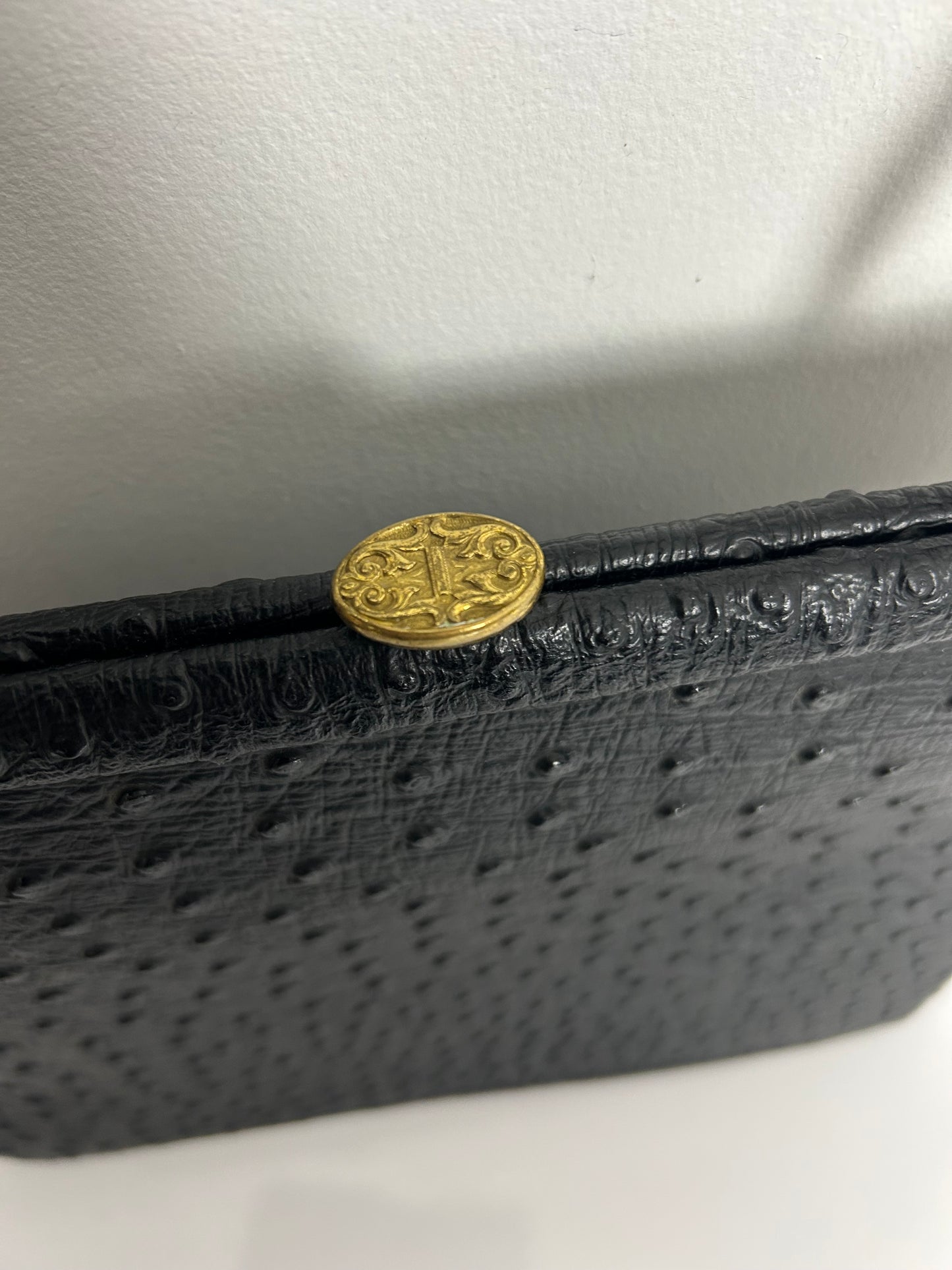 Vintage 1950s Black Ostrich Leather Kelly Style Handbag