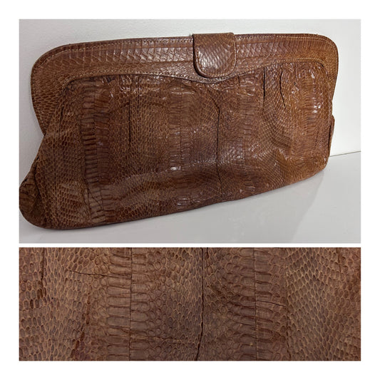 Vintage 1970s Large Brown Real Reptile Snake Skin Clutch Bag