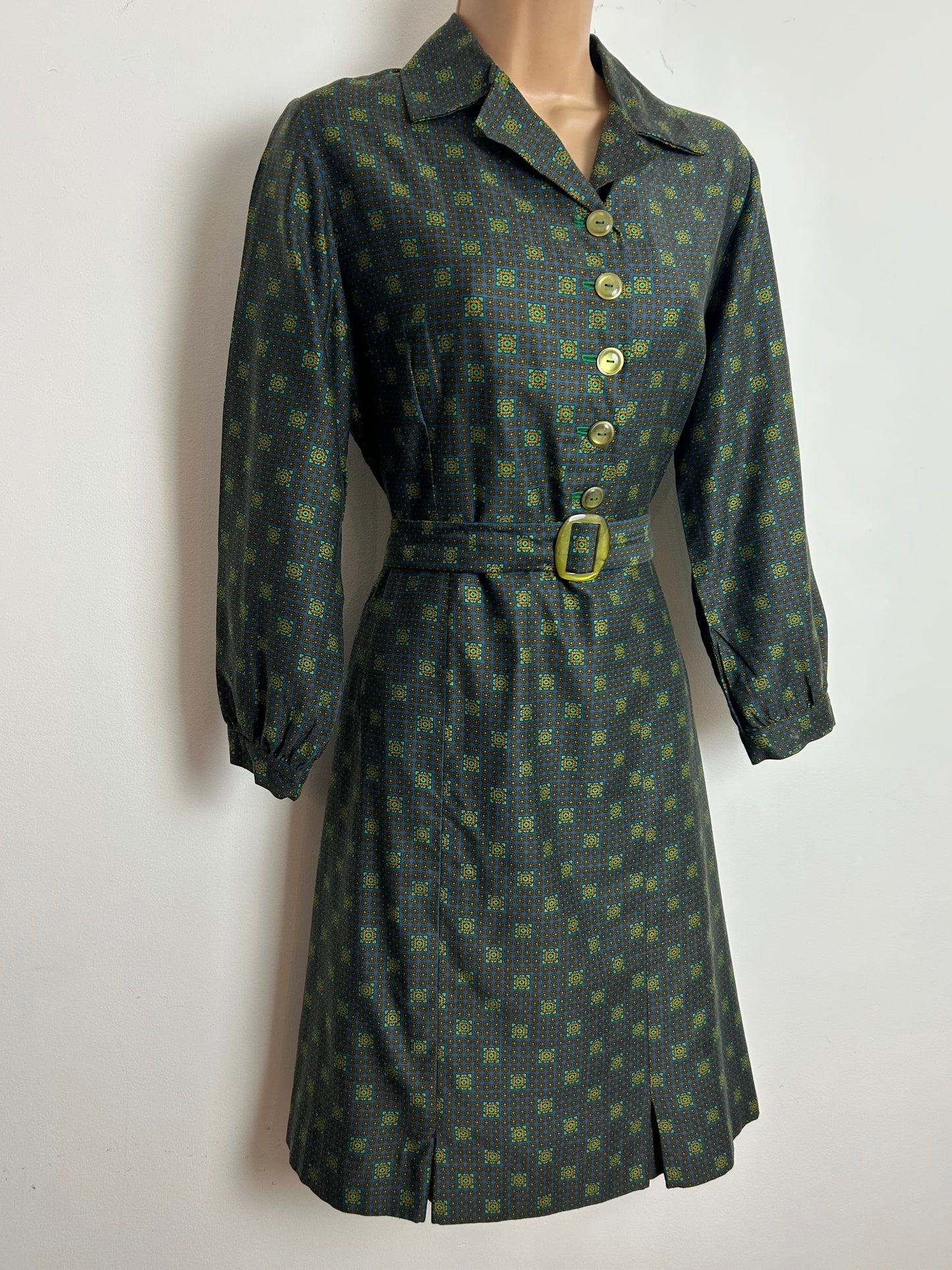Vintage Late 1950s Size 14 Dark Green Tile Print Belted Cotton Pleat Detail Day Dress