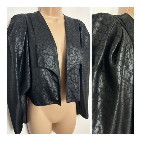 Vintage 1980s YESSICA UK Size 10-12 Black Floral Wet Look Bolero Cover Up Jacket