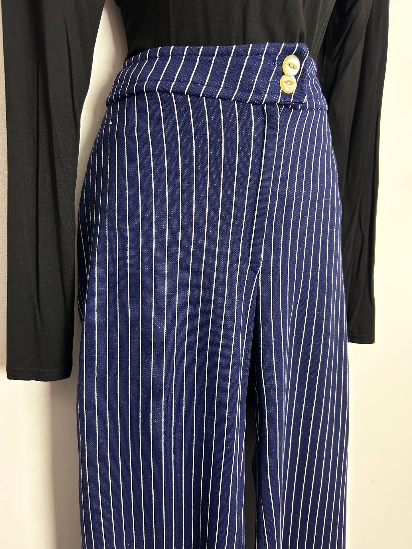 Vintage Early 1970s ST MICHAEL UK Size 8 Navy Blue & White Pinstripe Jersey Flared Trousers