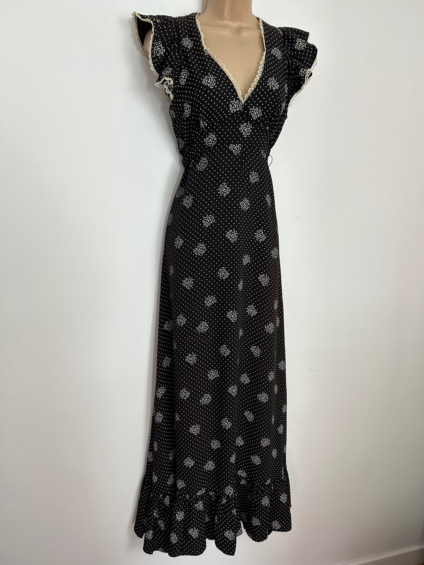 Vintage 1970s UK Size 8 JOSEPH RIBKOFF Darkest Brown & White Butterfly & Polka Dot Print Boho Prairie Maxi Dress