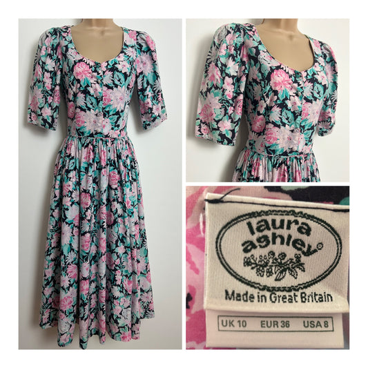 Vintage 1980s LAURA ASHLEY Size 6 (Size 10 On Label) Black Turquoise & Pink Floral Tea Dress