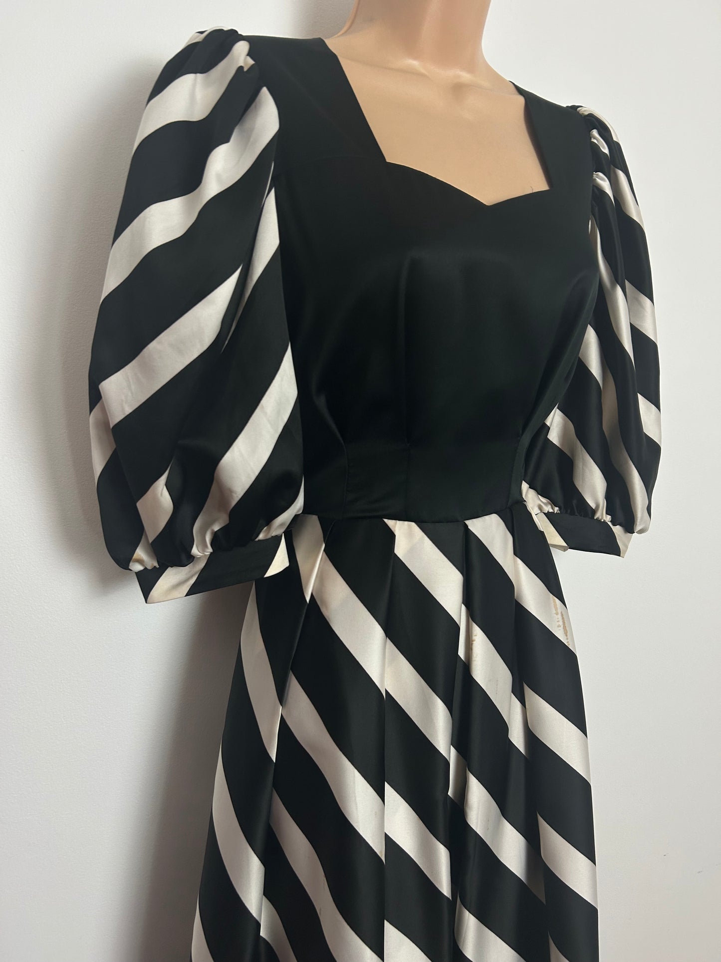 Vintage Early 1980s REBER Size 8 Black & White Stripe Mid Sleeves Occasion Maxi Dress