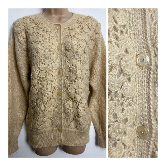 Vintage 1980s UK Size 14 Beige Floral Knit Long Sleeve Pearl Detail Cardigan
