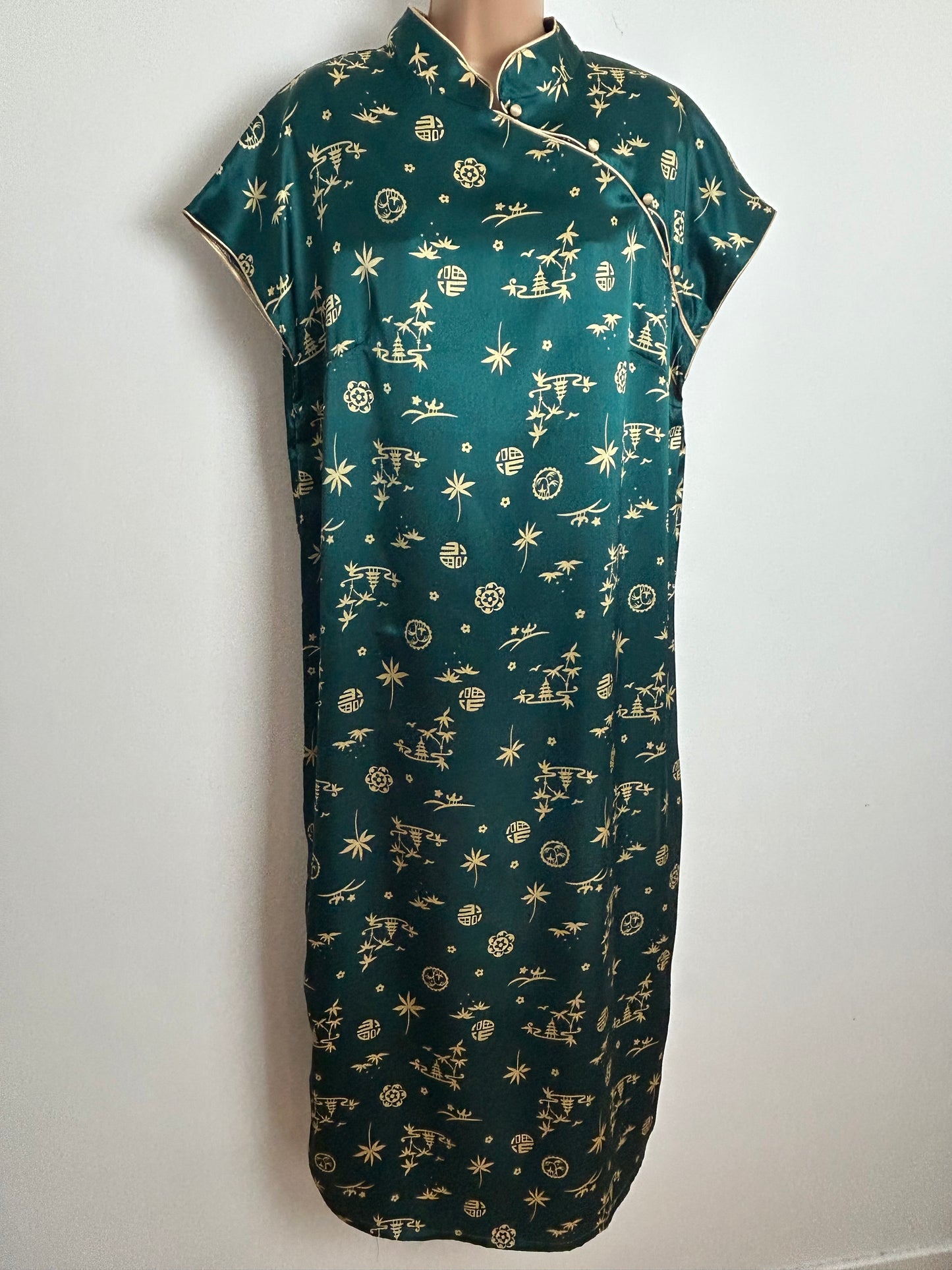 Vintage 1980s PALOMA Up To Size 16 Dark Green & Gold Japanese Pagoda Print Mandarin Collar Kaftan