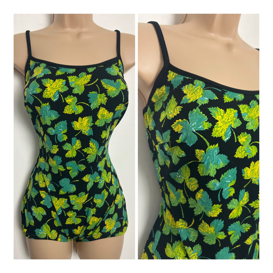 Vintage Late 1960s SYMPHONIE Size 10 Black Green & Yellow Leaf Print One Piece Swimsuit