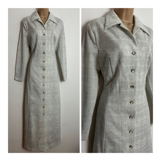 Vintage 1970s LEROSE UK Size 10 White & Metallic Silver Abstract Check Pattern Long Sleeve Occasion Maxi Dress