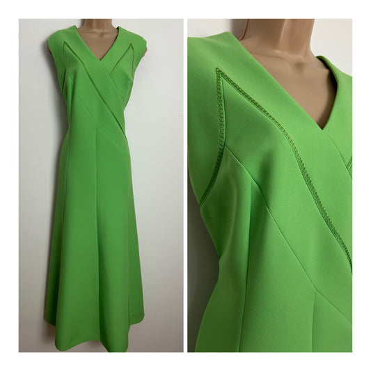 Vintage 1960s EVELYNE MODELL Size 14 Lime Green Stitch Detail Sleeveless Occasion Maxi Dress