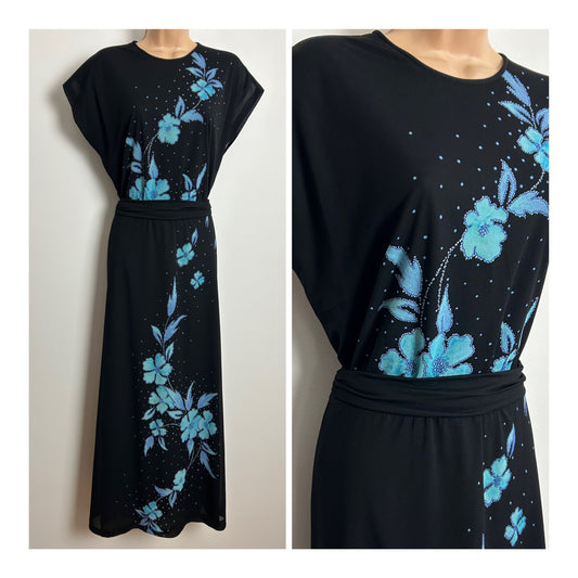 Vintage Late 1970s VERENA MODELLE Size 14-16 Black & Blue Floral & Polka Dot Print Belted Maxi Dress