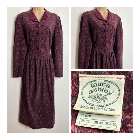 Vintage 1980s LAURA ASHLEY UK Size 12 Plum Purple Paisley Print Needlecord Long Sleeve Day Dress