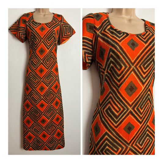 Vintage 1970s UK Size 10-12 Orange & Brown Diamond Pattern Lurex Short Sleeve Maxi Dress