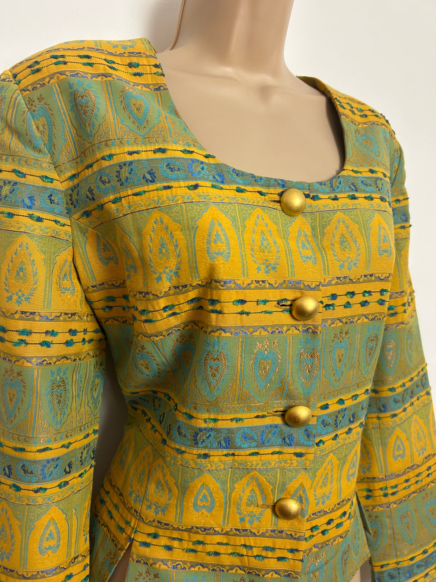Vintage 1980s JULIE GUERLANDE Size 14 Yellowy Gold & Duck Egg Blue Jacquard Collarless Jacket