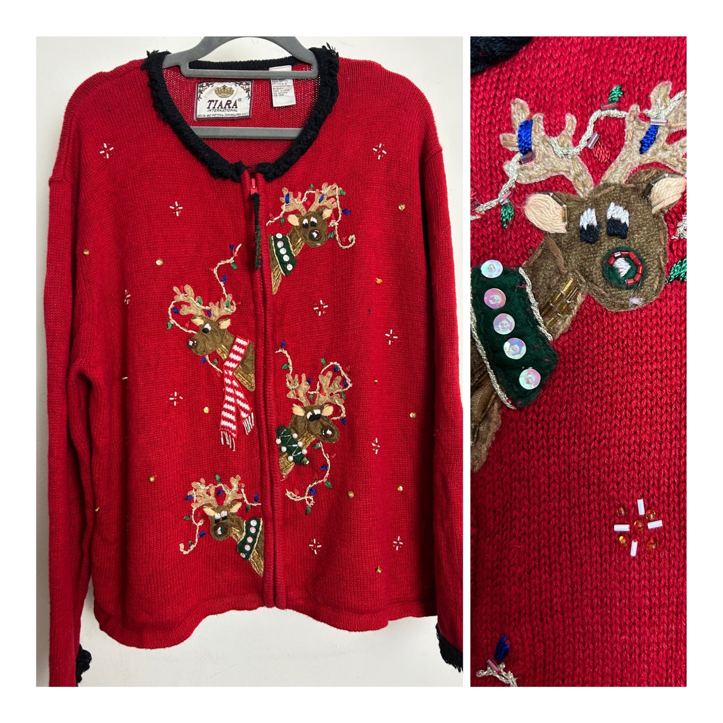 Vintage Y2K TIARA INTERNATIONAL Size XL Up to Size 16 Red Embellished Christmas Reindeer Cardigan