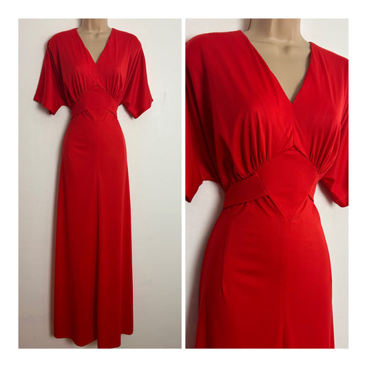 Vintage 1970s ROLAND BY PAUL SYDNEY UK Size 14 Red Short Drop Sleeve Tie Bac Maxi Dress