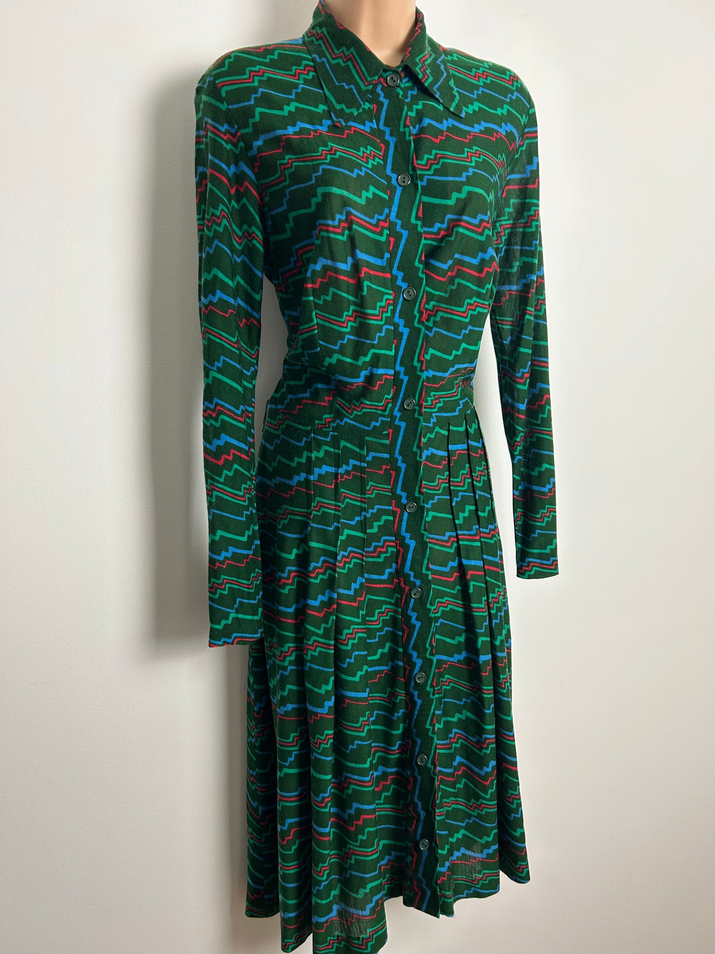 Vintage 1970s GLENARD Size 12 Dark Green Zig Zag Stripe Print Long Sleeve Pleated Day Dress