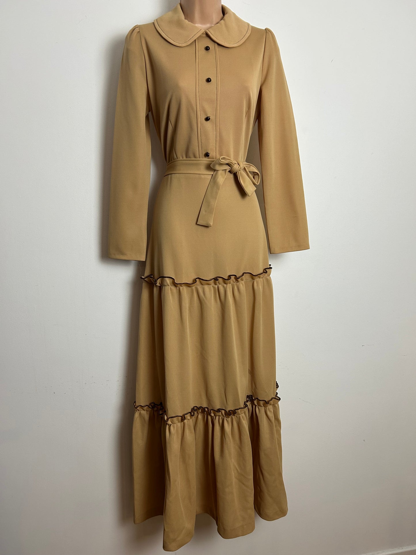 Vintage 1970s Size 10 Sandy Beige Crimplene Belted Tiered Long Sleeve Maxi Dress