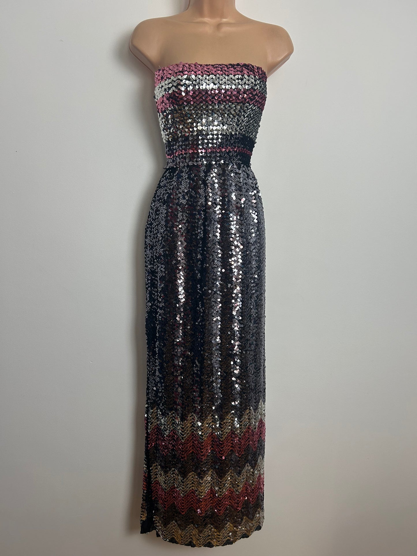 Vintage Late 1970s Up To Size 10 Black Silver Pink & Purple Sequin Strapless Evening Maxi Dress