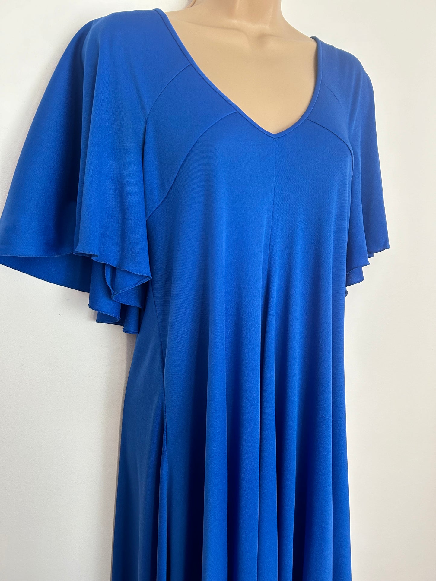 Vintage Early 1970s FRANK USHER UK Size 10 Cobalt Blue Crimplene Short Flared Sleeve Maxi Dress