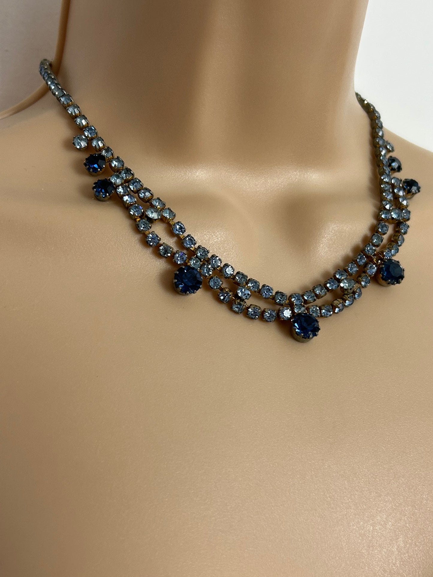 Vintage 1960s Gold Tone & Blue Diamante & Glass Stone Set Necklace
