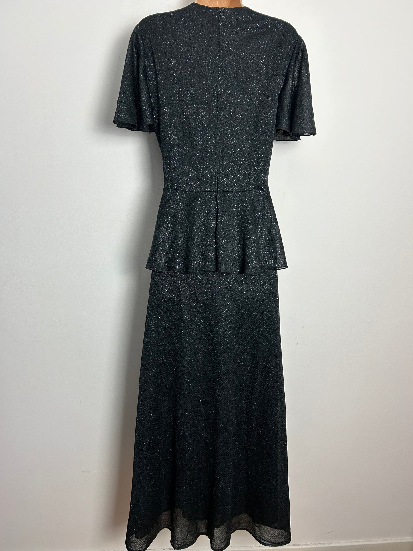 Vintage 1970s UK Size 14 Black Lurex Peplum Occasion Evening Maxi Dress