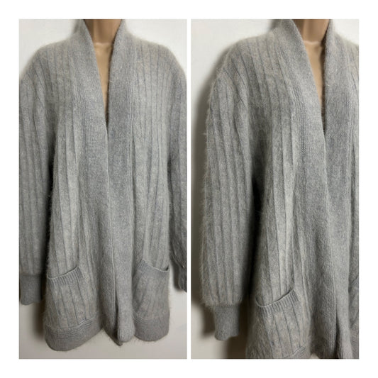 Vintage 1980s One Size Up To Size 16 Pale Grey Angora Mix Long Sleeve Open Fronted Cardigan