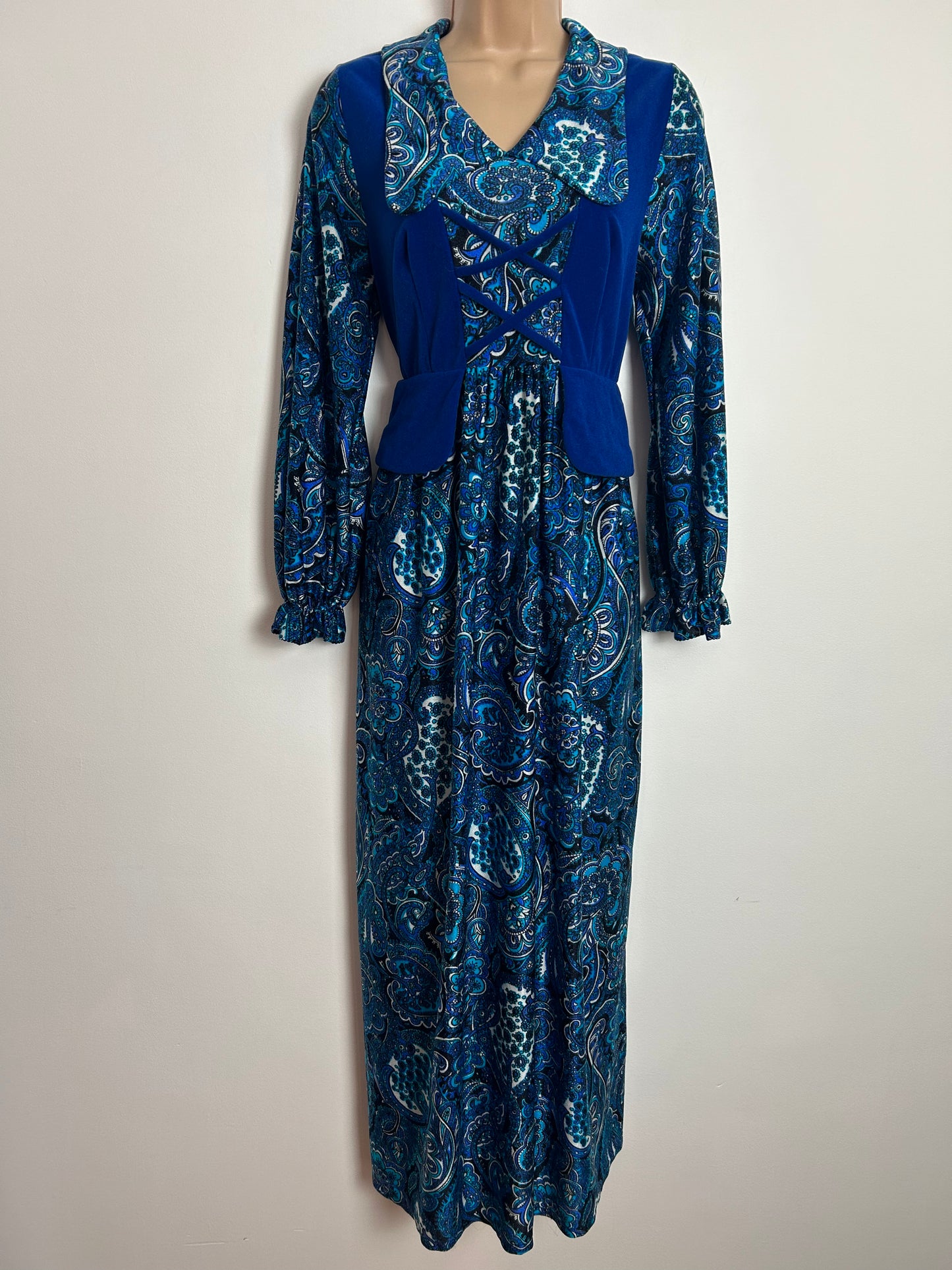 Vintage 1970s Approx UK Size 8-10 TURNABOUTS Blue Tones Velour Bodice Lace Up & Peplum Beagle Collar Maxi Dress