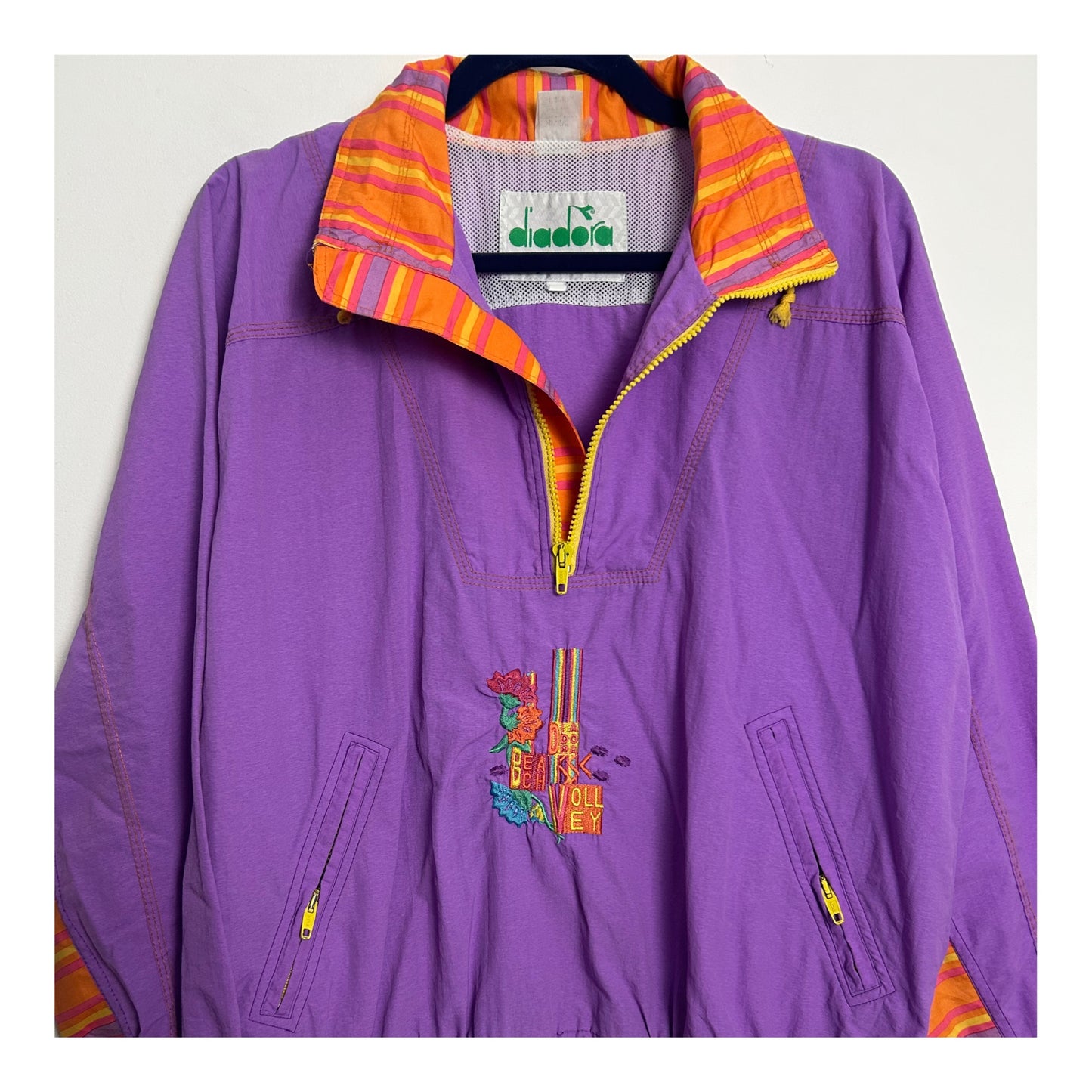 Vintage 1980s DIADORA Size S Lilac & Orange "BEACH VOLLEY" Windbreaker Shell Top