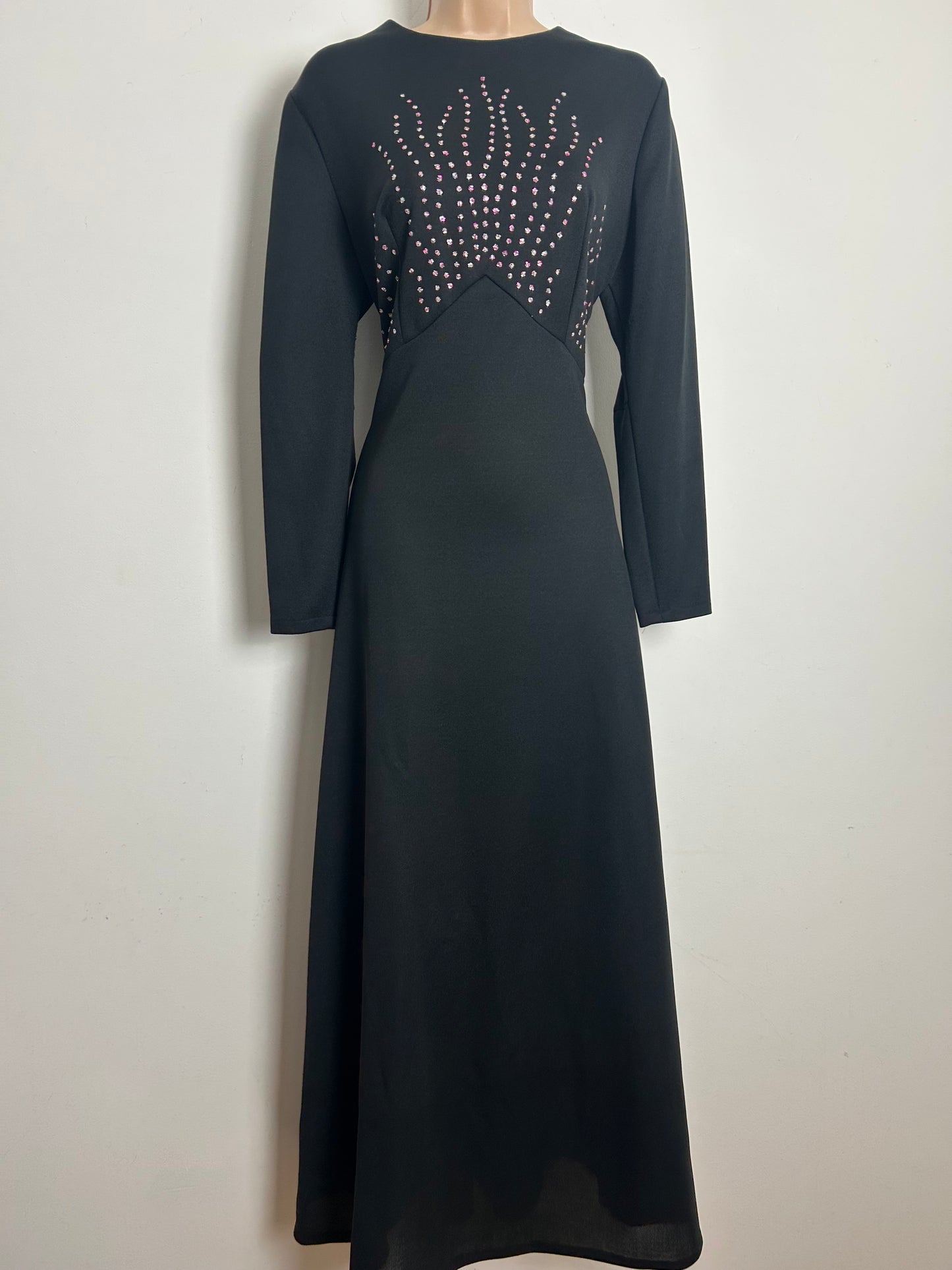 Vintage 1970s BELLE OF MY HEART Size 12 Black Glitter Detail Occasion Evening Maxi Dress