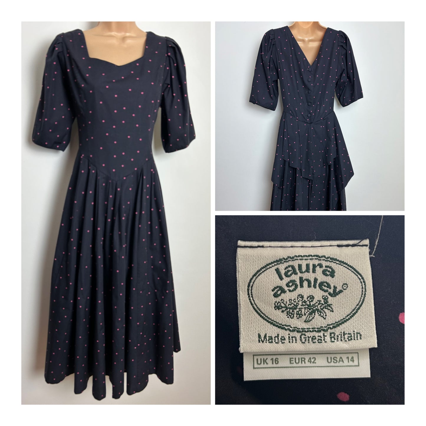 Vintage 1980s LAURA ASHLEY Size 12 (Size 16 On Label) Black & Pink Polka Dot Pleated Midi Dress