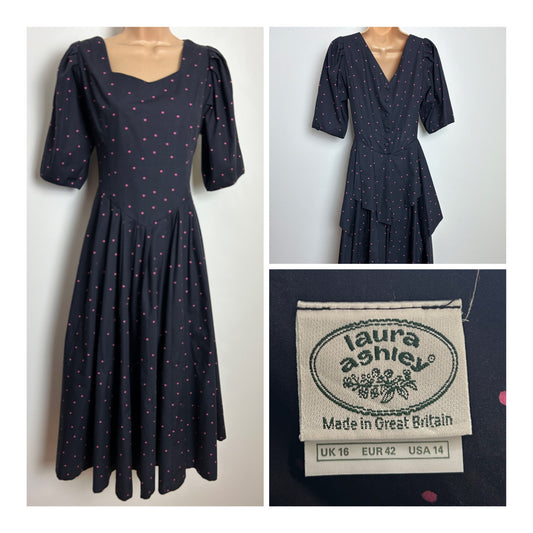 Vintage 1980s LAURA ASHLEY Size 12 (Size 16 On Label) Black & Pink Polka Dot Pleated Midi Dress