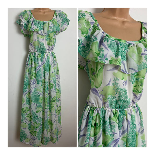 Vintage 1970s Size 10-12 White & Green Floral Print Chiffon Frill Collar Summer Boho Maxi Dress