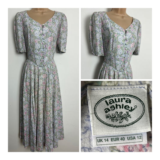 Vintage 1980s LAURA ASHLEY Size 12 (Size 14 On Label) Pale Green & Pink Floral Print Tea Dress