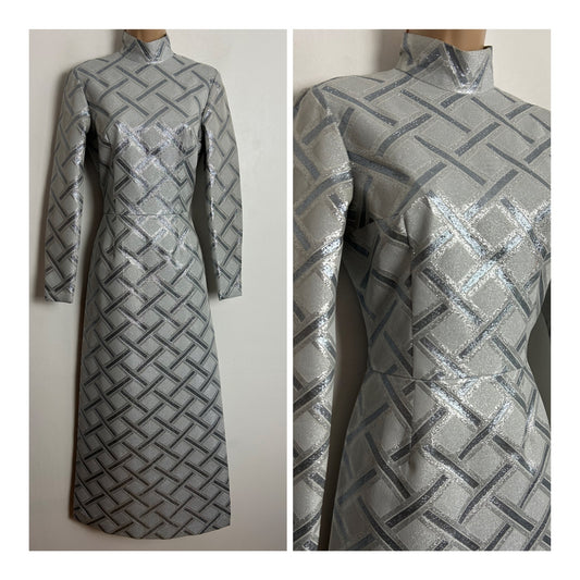 Vintage 1960s UK Size 8 Silver Metallic Glittery Lurex Brocade Long Sleeve Split Seams Occasion Maxi Dress