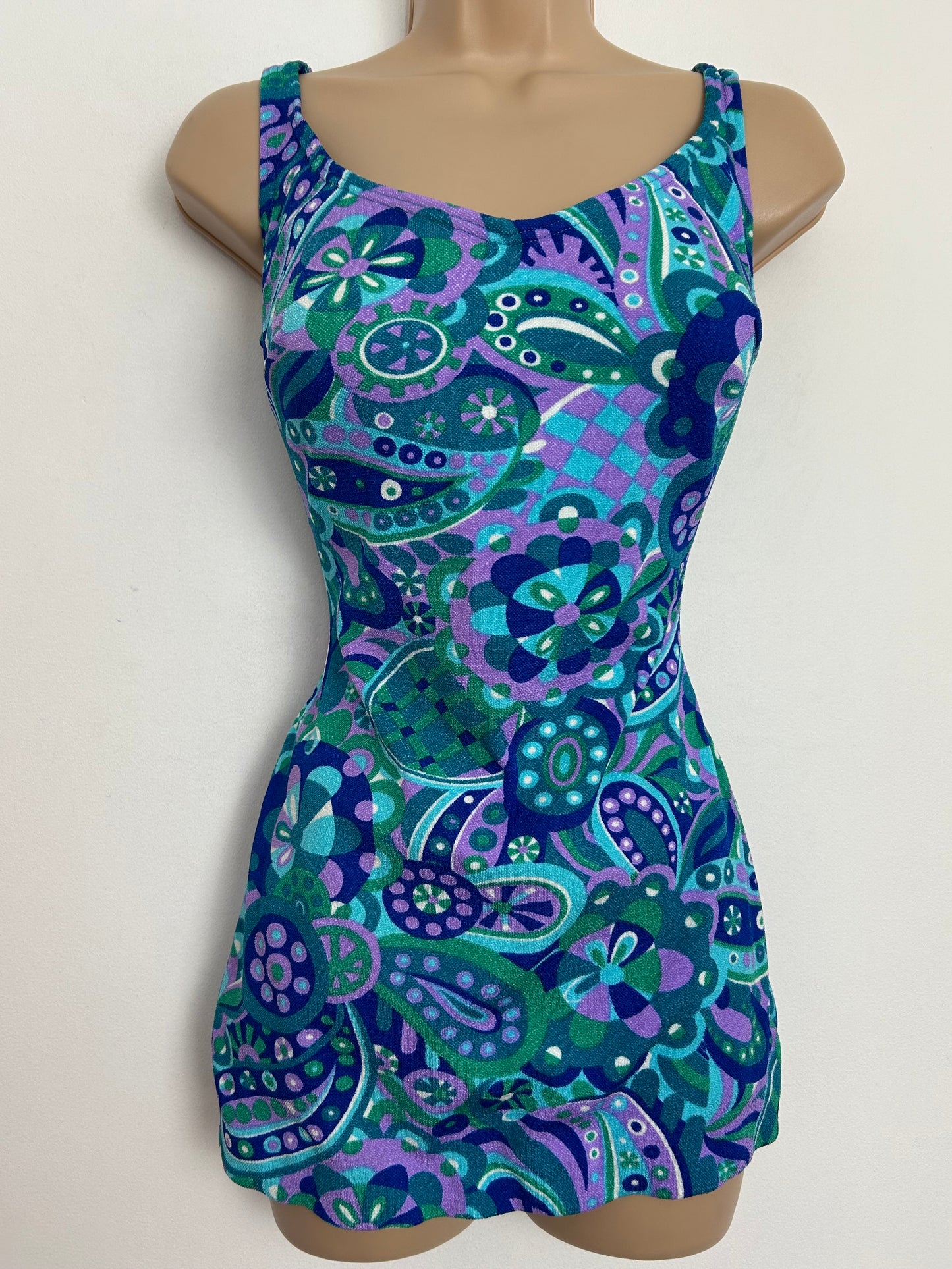 Vintage 1960s UK Size 14 Blue Green & Pink Psychedelic Floral Paisley Print Skirted Swimsuit