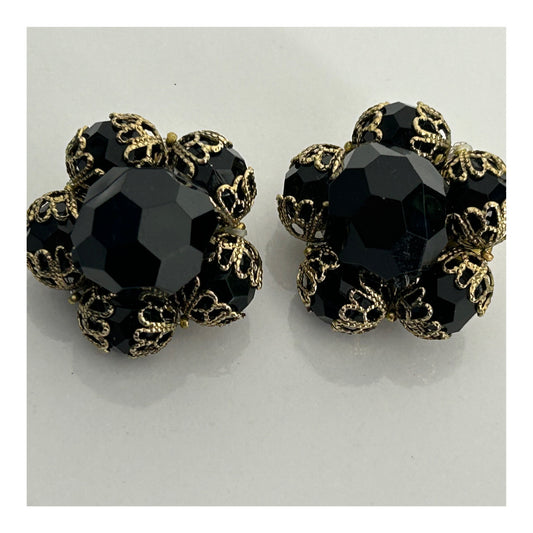 Vintage 1960s Chunky Black & Gold Flower Shaped Clip On Earrings